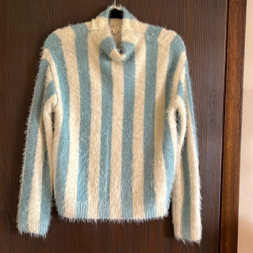 Hem & Thread cream and blue striped fuzzy sweater. Size Medium